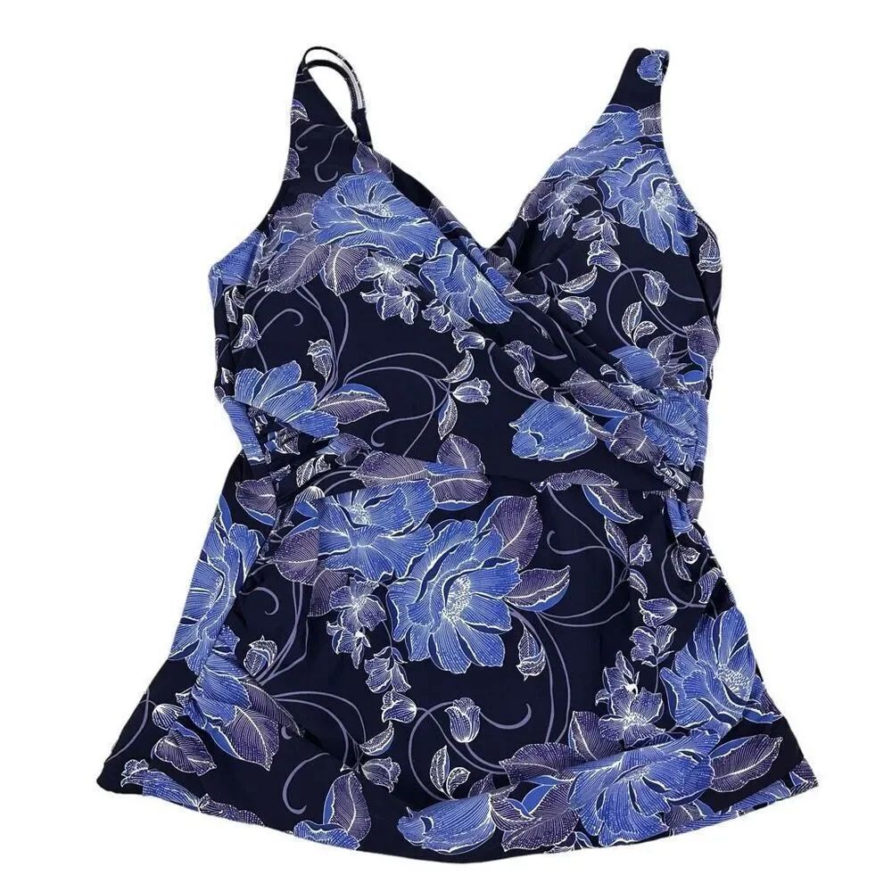 Lands’ End Women's Wrap Style Tankini Swimsuit Top Size 16 Blue White